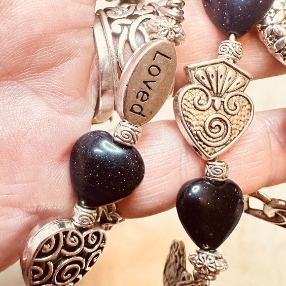 Silver Heart Keychain Bag Charm Glittery Blue Goldstone Hearts & 5 Silver Hearts - Picture 10 of 16